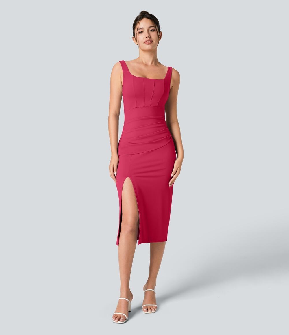 NWT Halara SoftlyZero Airy Corset Ruched Bodycon Dress Womens M Pink Sleeveless
